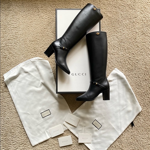 Gucci Black Marmont Leather Elite Calf Knee High Boots Sz 36.5 - Picture 2 of 16